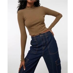 Good American Ribbed Brown Long Sleeve Top size Medium NWT